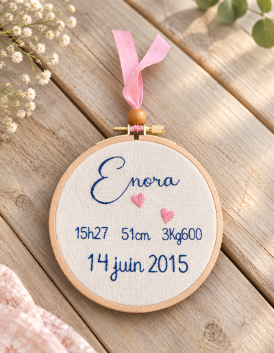 L’Écrin des Premiers Jours Broderie de naissance personnalisée sur lin et cercle en hêtre