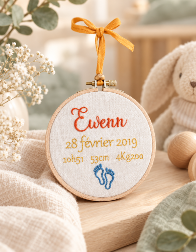 L’Écrin des Premiers Jours Broderie de naissance personnalisée sur lin et cercle en hêtre