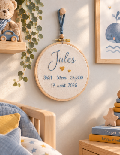 L’Écrin des Premiers Jours Broderie de naissance personnalisée sur lin et cercle en hêtre