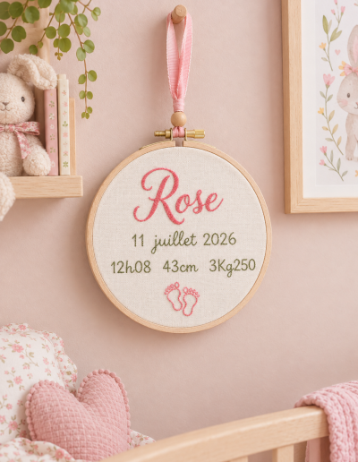 L’Écrin des Premiers Jours Broderie de naissance personnalisée sur lin et cercle en hêtre