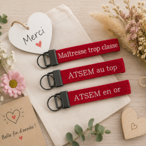 porte-clé brodé sur bande rouge avec un message personnalisé. Un souvenir pratique et plein d’émotion pour la fin d’année scolaire.